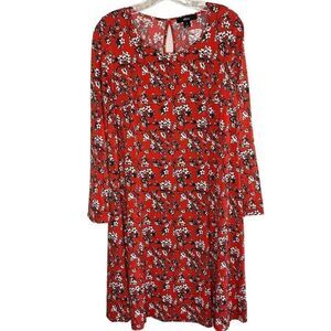 ELLOS Dress Womens 12 Short Red Floral Shift NEW Long Sleeve Stretch